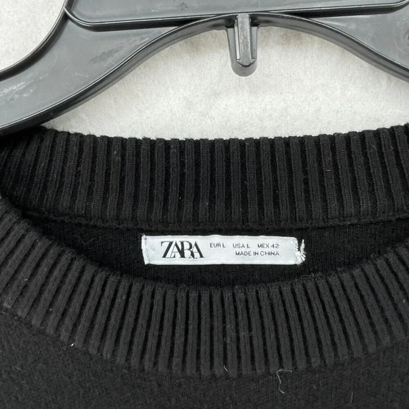 Zara Sweatshirt Women's Sz Large Black Crew Neck Ribbed Knit Pullover Stretch - Picture 8 of 10